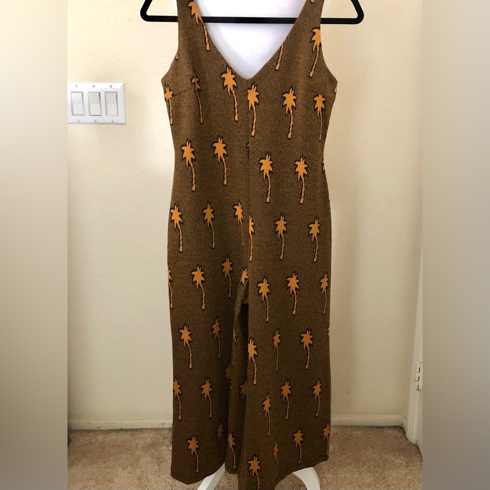 Hutch Anthropologie Brown Crop Knit Jumpsuit with Orange Palm Design